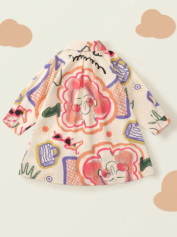1pc Girls Cartoon Print Graffiti Long Sleeve Shirt Dress, Autumn