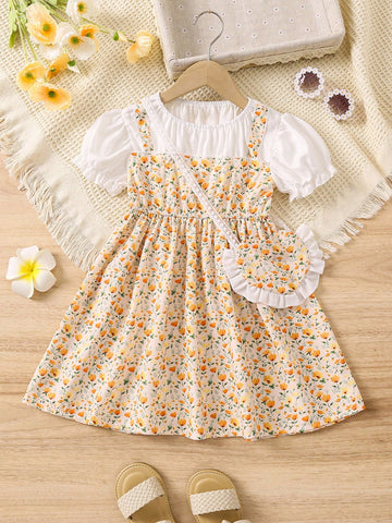 1pc Girls' Casual 2 In 1 Ditsy Floral Princess Dress With Mini Backpack