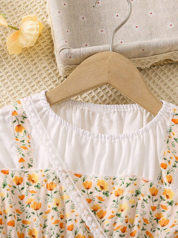 1pc Girls' Casual 2 In 1 Ditsy Floral Princess Dress With Mini Backpack
