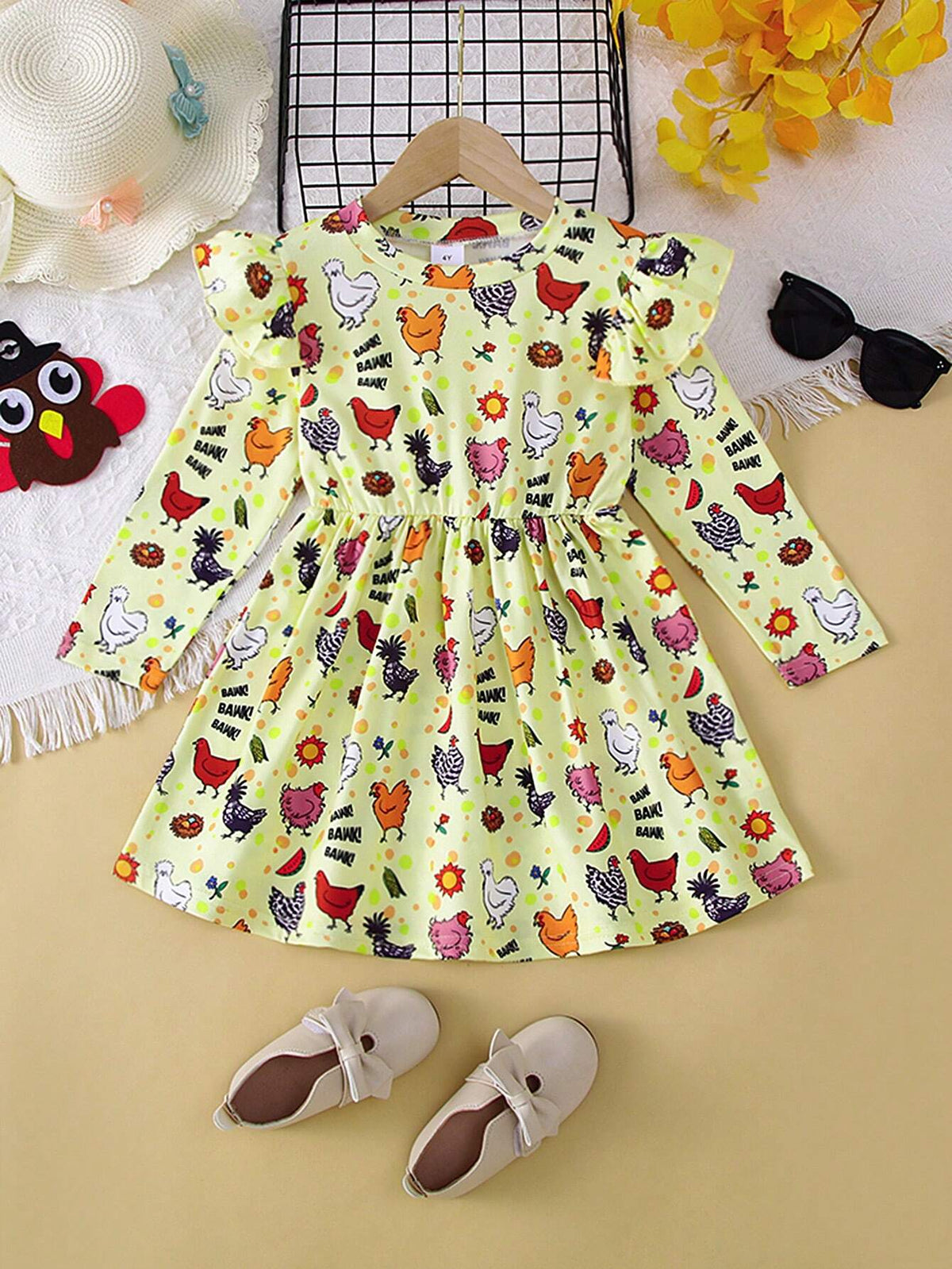 1pc Girls Casual "BAWG" Cartoon Chicken All Over Print Comfortable Dress, Autumn