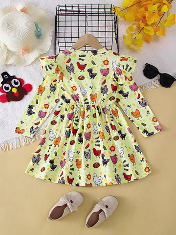 1pc Girls Casual "BAWG" Cartoon Chicken All Over Print Comfortable Dress, Autumn