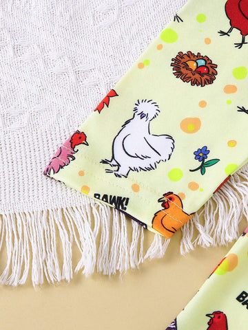 1pc Girls Casual "BAWG" Cartoon Chicken All Over Print Comfortable Dress, Autumn