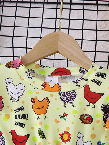1pc Girls Casual "BAWG" Cartoon Chicken All Over Print Comfortable Dress, Autumn