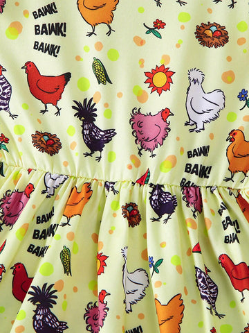 1pc Girls Casual "BAWG" Cartoon Chicken All Over Print Comfortable Dress, Autumn
