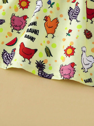 1pc Girls Casual "BAWG" Cartoon Chicken All Over Print Comfortable Dress, Autumn
