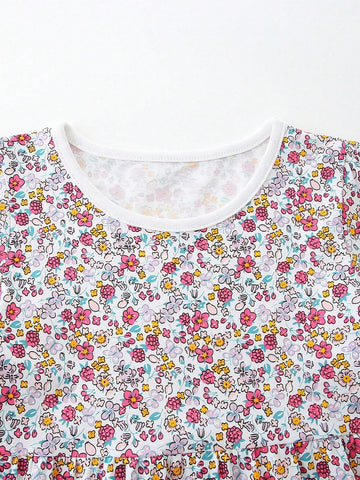1pc Girls" Casual Cartoon Little Duck Embroidered Patchwork Floral Round Neck Short Sleeve Dress For Summer