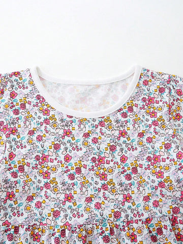 1pc Girls" Casual Cartoon Little Duck Embroidered Patchwork Floral Round Neck Short Sleeve Dress For Summer