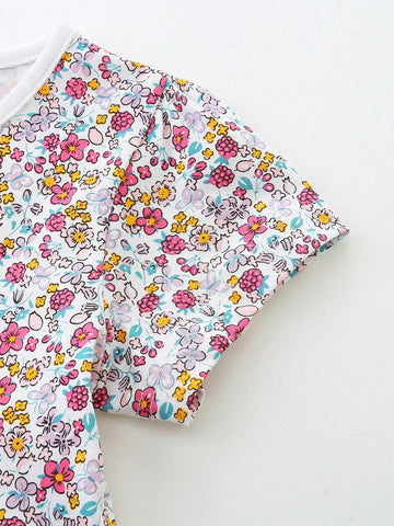 1pc Girls" Casual Cartoon Little Duck Embroidered Patchwork Floral Round Neck Short Sleeve Dress For Summer