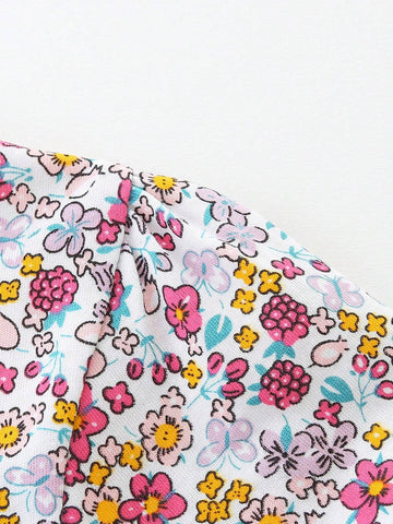 1pc Girls" Casual Cartoon Little Duck Embroidered Patchwork Floral Round Neck Short Sleeve Dress For Summer
