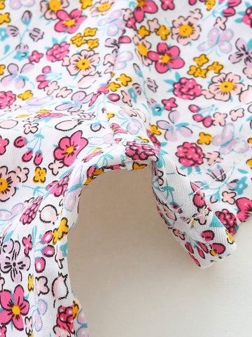 1pc Girls" Casual Cartoon Little Duck Embroidered Patchwork Floral Round Neck Short Sleeve Dress For Summer