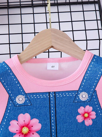 1pc Girls' Casual Cat, Flower & English Letter Print Short Sleeve Denim-Like Dress, Summer