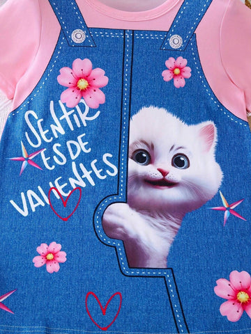 1pc Girls' Casual Cat, Flower & English Letter Print Short Sleeve Denim-Like Dress, Summer