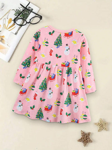 1pc Girls' Casual Christmas Print Round Neck A-Line Dress, Autumn