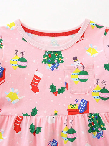 1pc Girls' Casual Christmas Print Round Neck A-Line Dress, Autumn