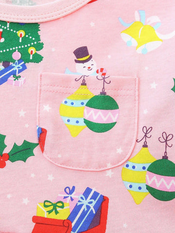 1pc Girls' Casual Christmas Print Round Neck A-Line Dress, Autumn