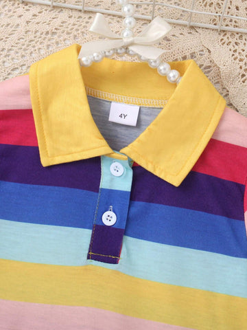 1pc Girls' Casual Colorful Striped Soft Comfortable Knitted Shirt Collar Pleated Dress, Autumn/Winter