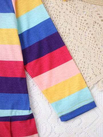 1pc Girls' Casual Colorful Striped Soft Comfortable Knitted Shirt Collar Pleated Dress, Autumn/Winter