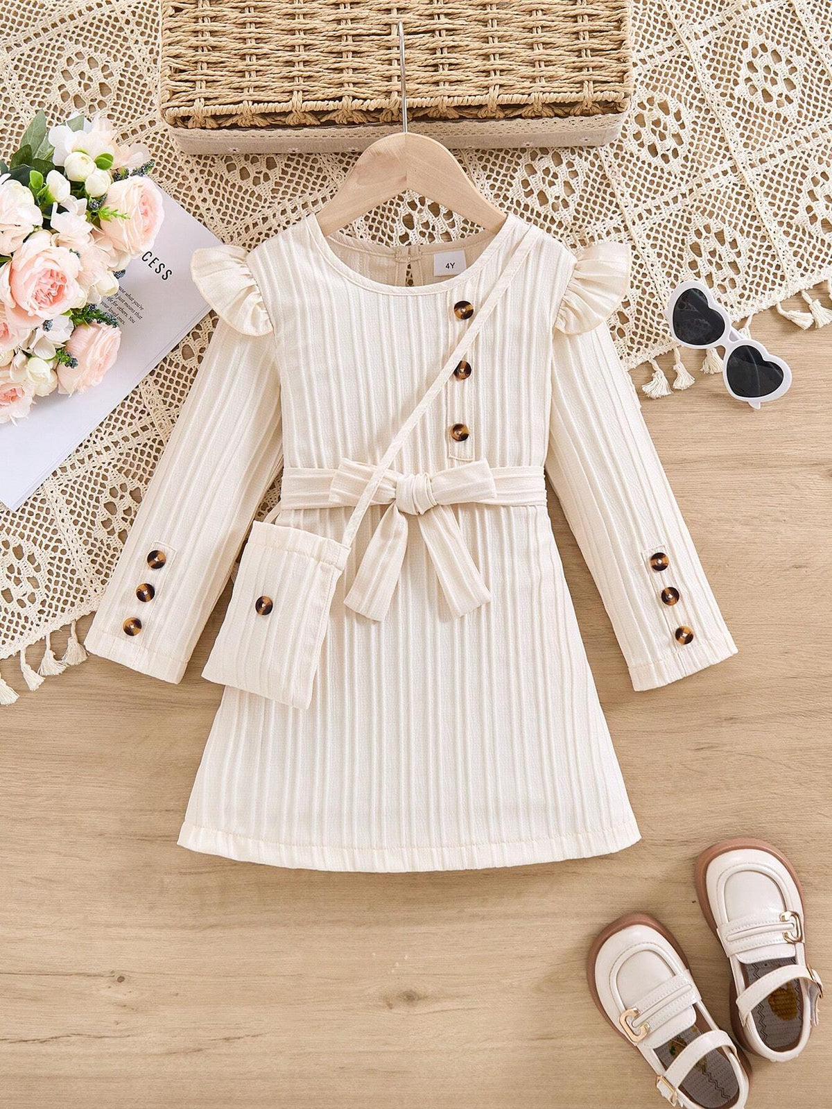 1pc Girls Casual Comfy Apricot Wave Striped Dress, Autumn Season