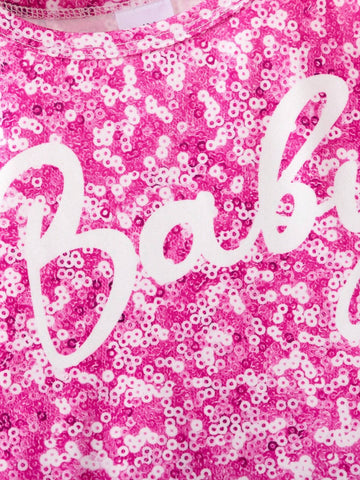 1pc Girls' Casual Crew Neck Faux Pearl Beaded & Mesh Print Long Sleeve Dress