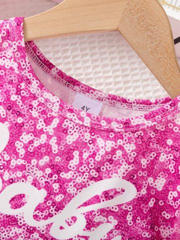 1pc Girls' Casual Crew Neck Faux Pearl Beaded & Mesh Print Long Sleeve Dress