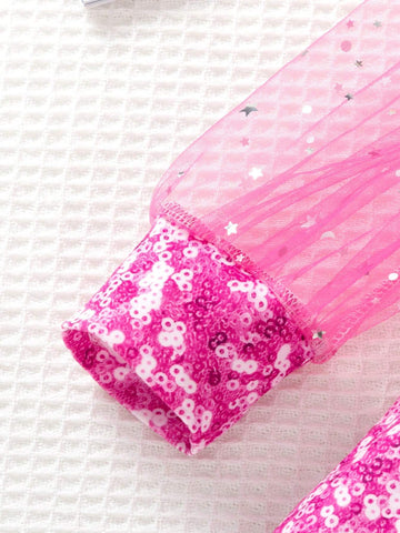 1pc Girls' Casual Crew Neck Faux Pearl Beaded & Mesh Print Long Sleeve Dress