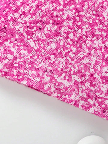 1pc Girls' Casual Crew Neck Faux Pearl Beaded & Mesh Print Long Sleeve Dress