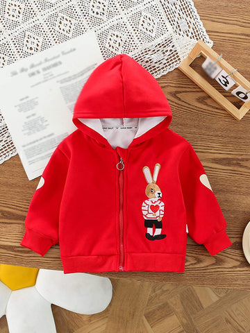1pc Girls Casual Cute Stylish Minimalist Cartoon Embroidered Zipper Hoodie Jacket For Spring Autumn Wear