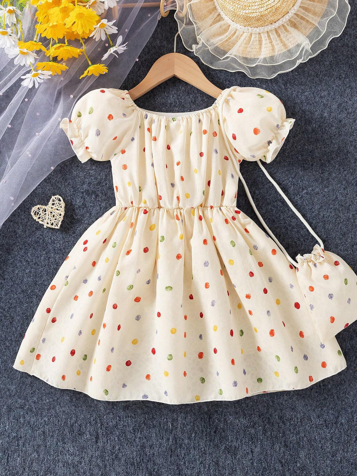 1pc Girls' Casual Digital Print Round Dot Pattern Top With Ruffle Hem & Sleeve, Plus Bag With Lining, Summer