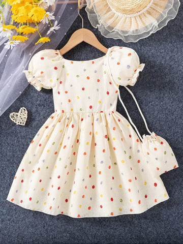 1pc Girls' Casual Digital Print Round Dot Pattern Top With Ruffle Hem & Sleeve, Plus Bag With Lining, Summer