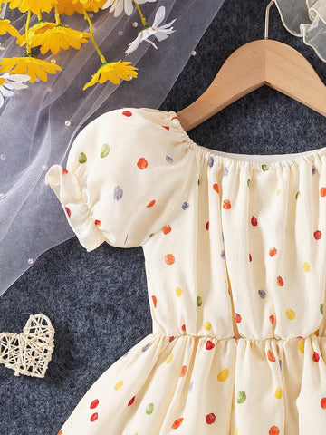 1pc Girls' Casual Digital Print Round Dot Pattern Top With Ruffle Hem & Sleeve, Plus Bag With Lining, Summer