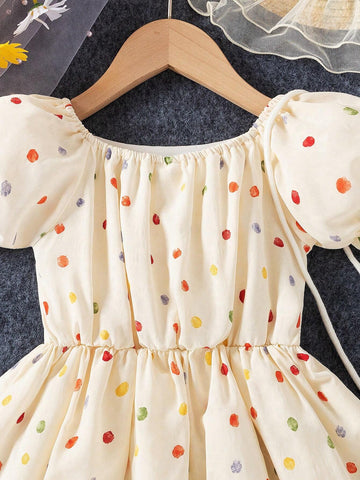 1pc Girls' Casual Digital Print Round Dot Pattern Top With Ruffle Hem & Sleeve, Plus Bag With Lining, Summer