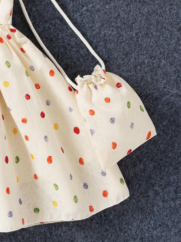 1pc Girls' Casual Digital Print Round Dot Pattern Top With Ruffle Hem & Sleeve, Plus Bag With Lining, Summer