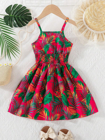 1pc Girls' Casual Digital Printed Sleeveless Cami Dress, Summer