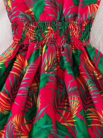 1pc Girls' Casual Digital Printed Sleeveless Cami Dress, Summer