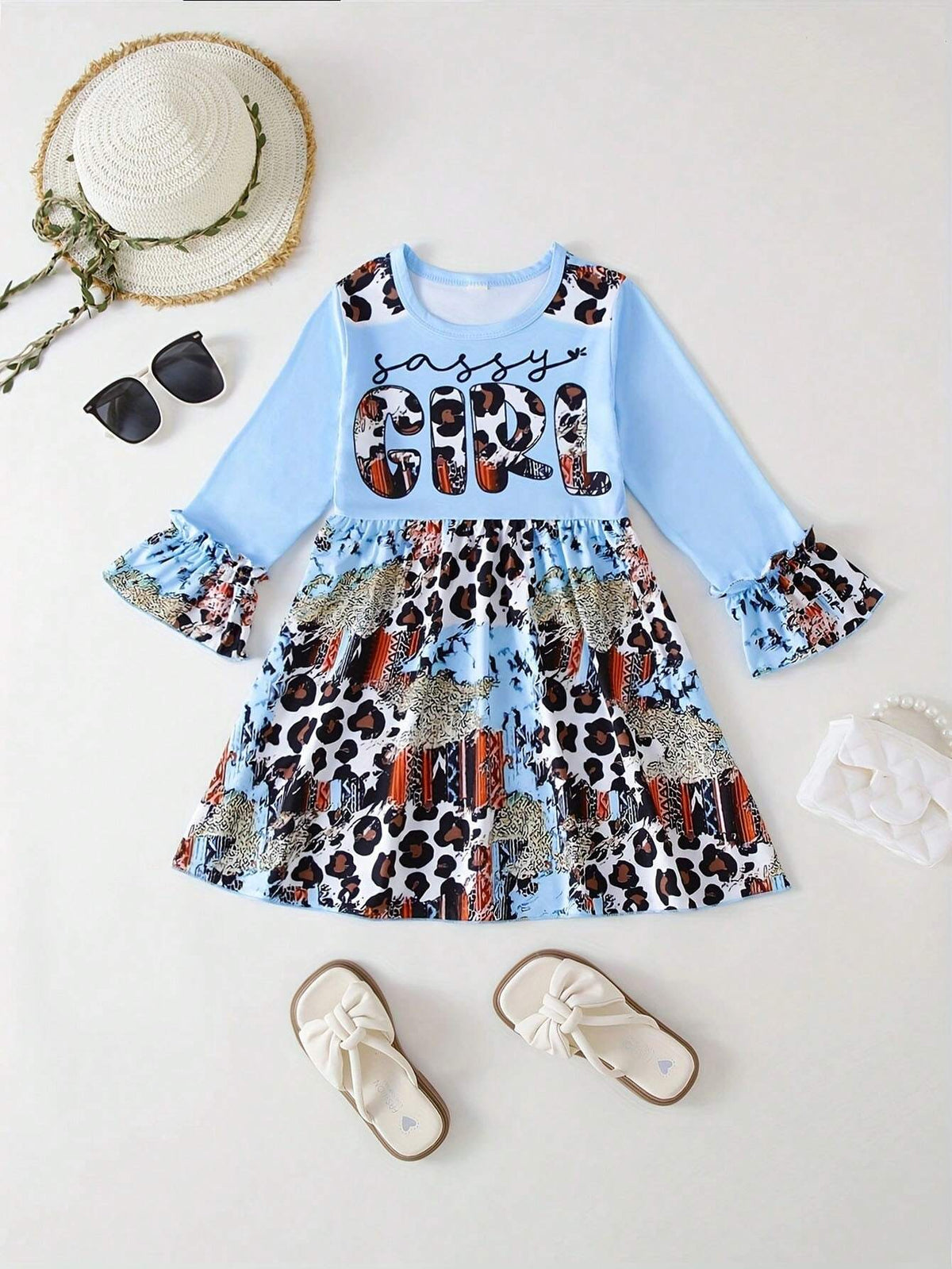 1pc Girls Casual English Text & Leopard Print Color Block Dress, Autumn