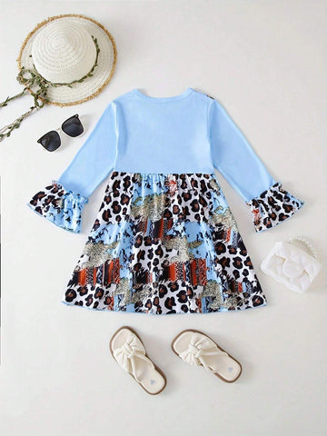 1pc Girls Casual English Text & Leopard Print Color Block Dress, Autumn
