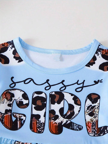 1pc Girls Casual English Text & Leopard Print Color Block Dress, Autumn