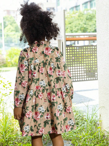 1pc Girls Casual Floral Print Ruffle Sleeve & Neckline Tiered Dress