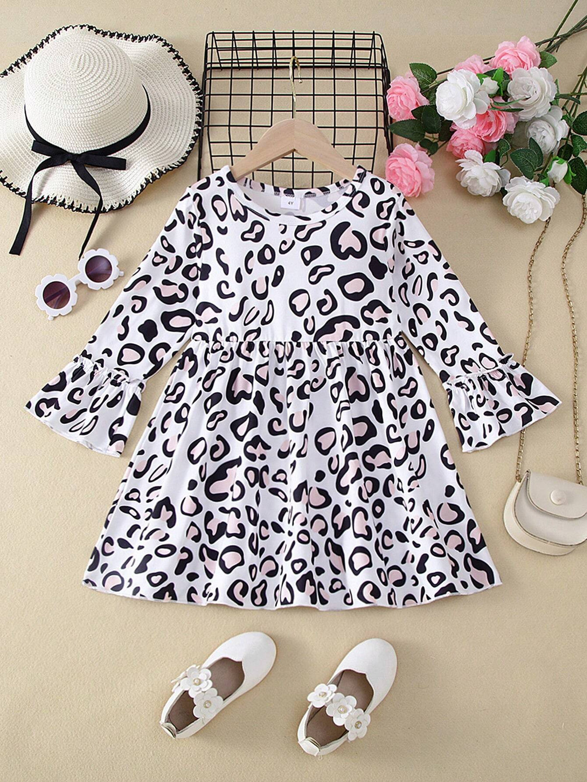 1pc Girls Casual Leopard All-Over Print Random Cut Hem Dress, Autumn