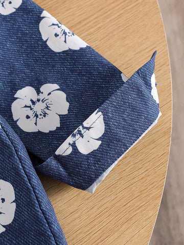 1pc Girls Casual Navy Faux Denim Floral Print Contrast Color Pocket Long Sleeve Shirt, Fall Twinning Set