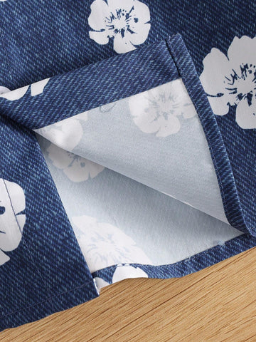 1pc Girls Casual Navy Faux Denim Floral Print Contrast Color Pocket Long Sleeve Shirt, Fall Twinning Set