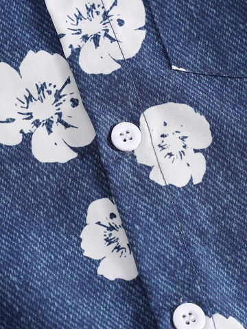 1pc Girls Casual Navy Faux Denim Floral Print Contrast Color Pocket Long Sleeve Shirt, Fall Twinning Set