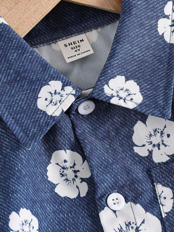 1pc Girls Casual Navy Faux Denim Floral Print Contrast Color Pocket Long Sleeve Shirt, Fall Twinning Set