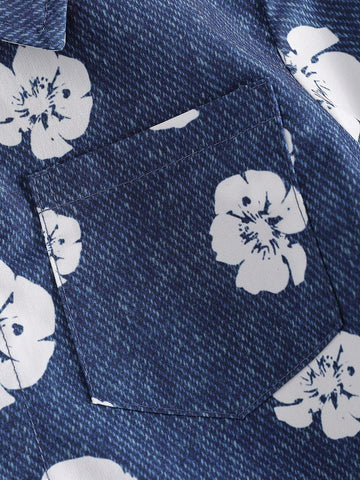 1pc Girls Casual Navy Faux Denim Floral Print Contrast Color Pocket Long Sleeve Shirt, Fall Twinning Set