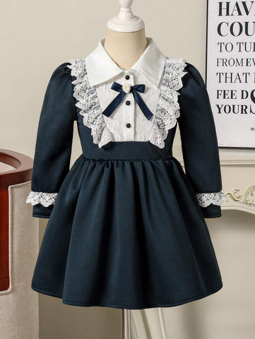 1pc Girls Casual Princess Lace Trim Dress, Black, Cute Princess Dress Suitable For Outings, Spring/Summer
