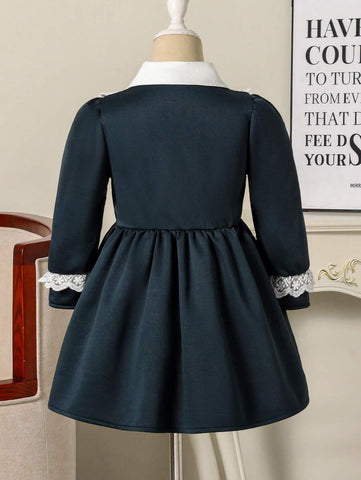 1pc Girls Casual Princess Lace Trim Dress, Black, Cute Princess Dress Suitable For Outings, Spring/Summer