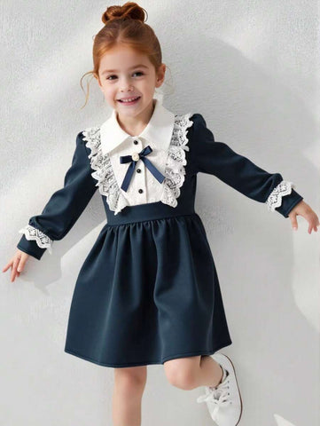 1pc Girls Casual Princess Lace Trim Dress, Black, Cute Princess Dress Suitable For Outings, Spring/Summer