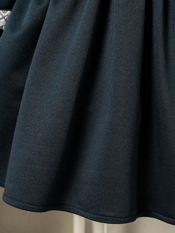 1pc Girls Casual Princess Lace Trim Dress, Black, Cute Princess Dress Suitable For Outings, Spring/Summer