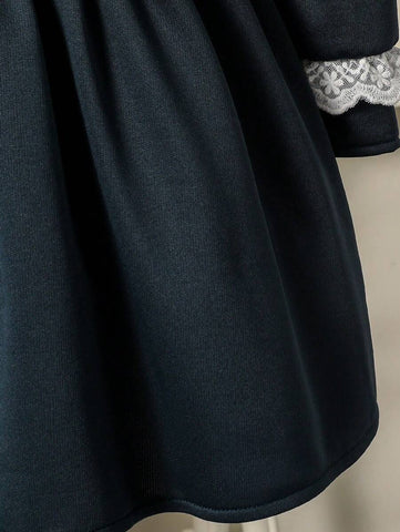1pc Girls Casual Princess Lace Trim Dress, Black, Cute Princess Dress Suitable For Outings, Spring/Summer