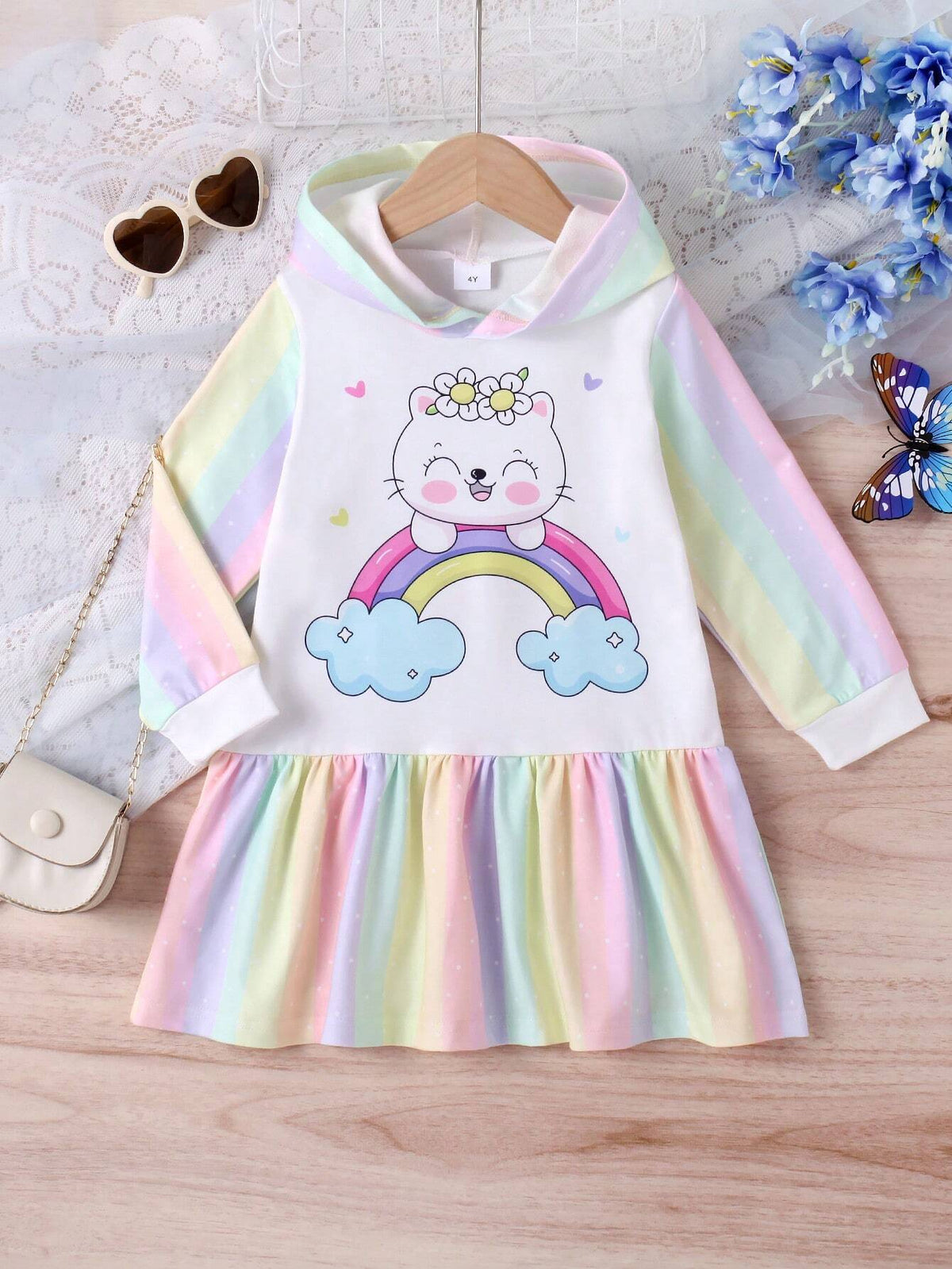 1pc Girls Casual Rainbow Cute Cat Rainbow Stripe Pattern Soft Comfy Knit Fabric Hooded Long Sleeve Dress, Autumn/Winter